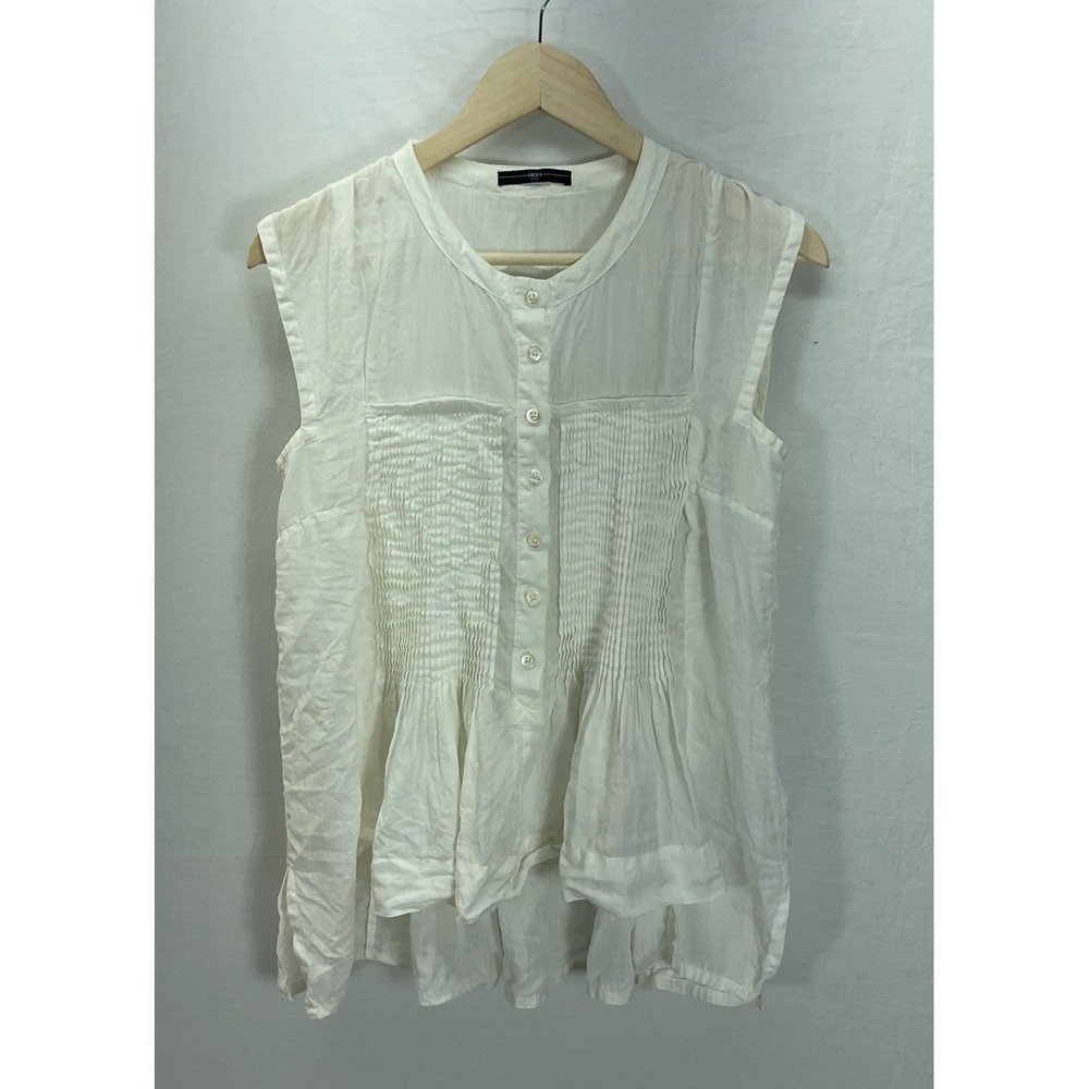 High Use 100% Linen White pin tuck Blouse sz 8 sleeveless Resort luxury ethereal